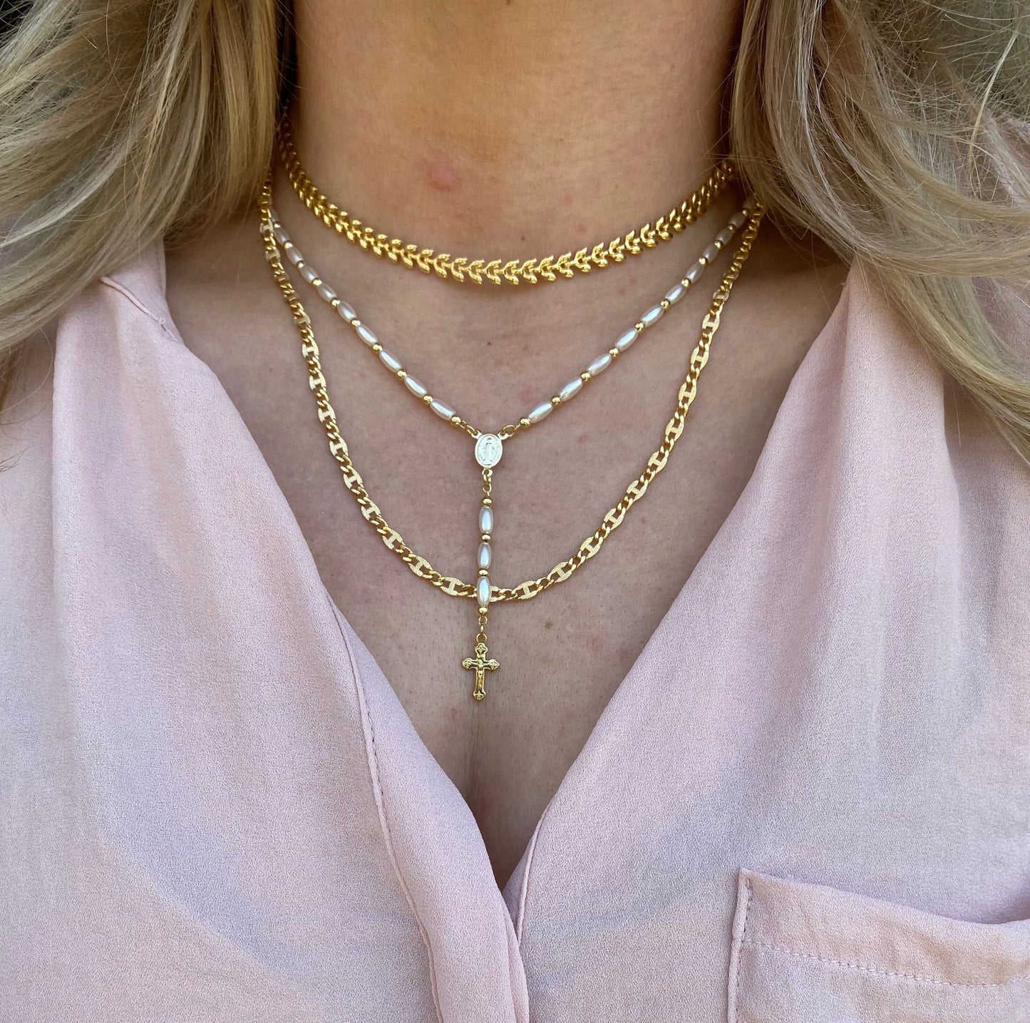 18k Gold Filled Pearl Rosary