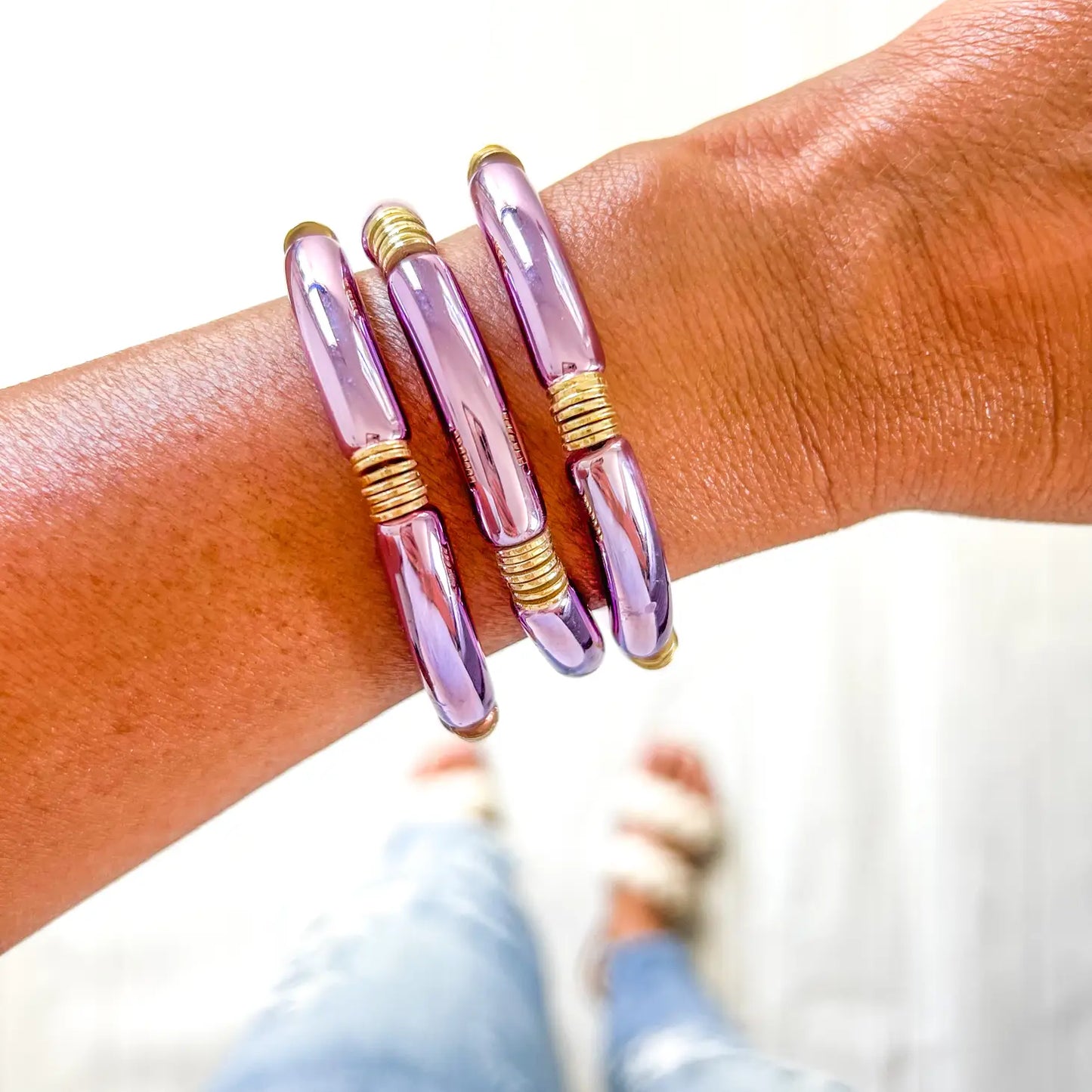 Acrylic Metallic Solid Purple Tube Bamboo Bracelet