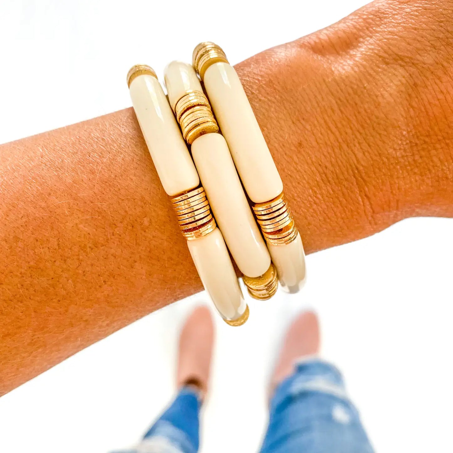 Ivory/Gold Discs Tube Bamboo Bracelet