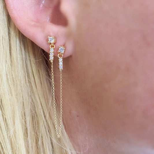 Cz Double Piercing Earrings with Chain