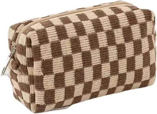 Brown Checkered Mini Makeup Bag