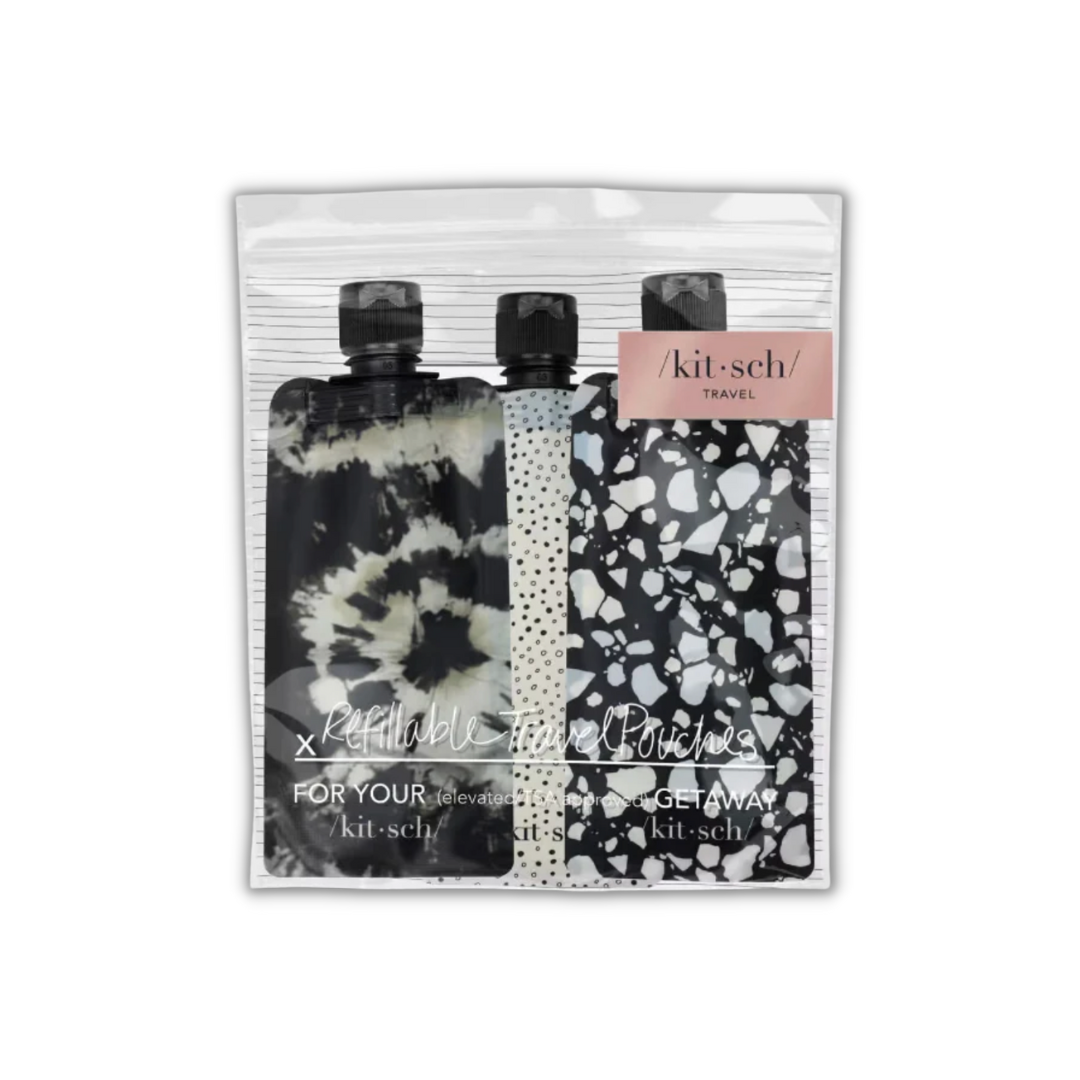 Refillable Travel Pouches 3 pc Set- Black and Ivory